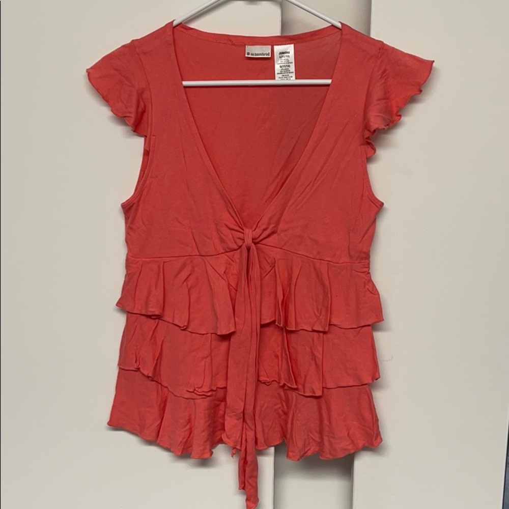Coral ruffled tank top w/ tie front accent